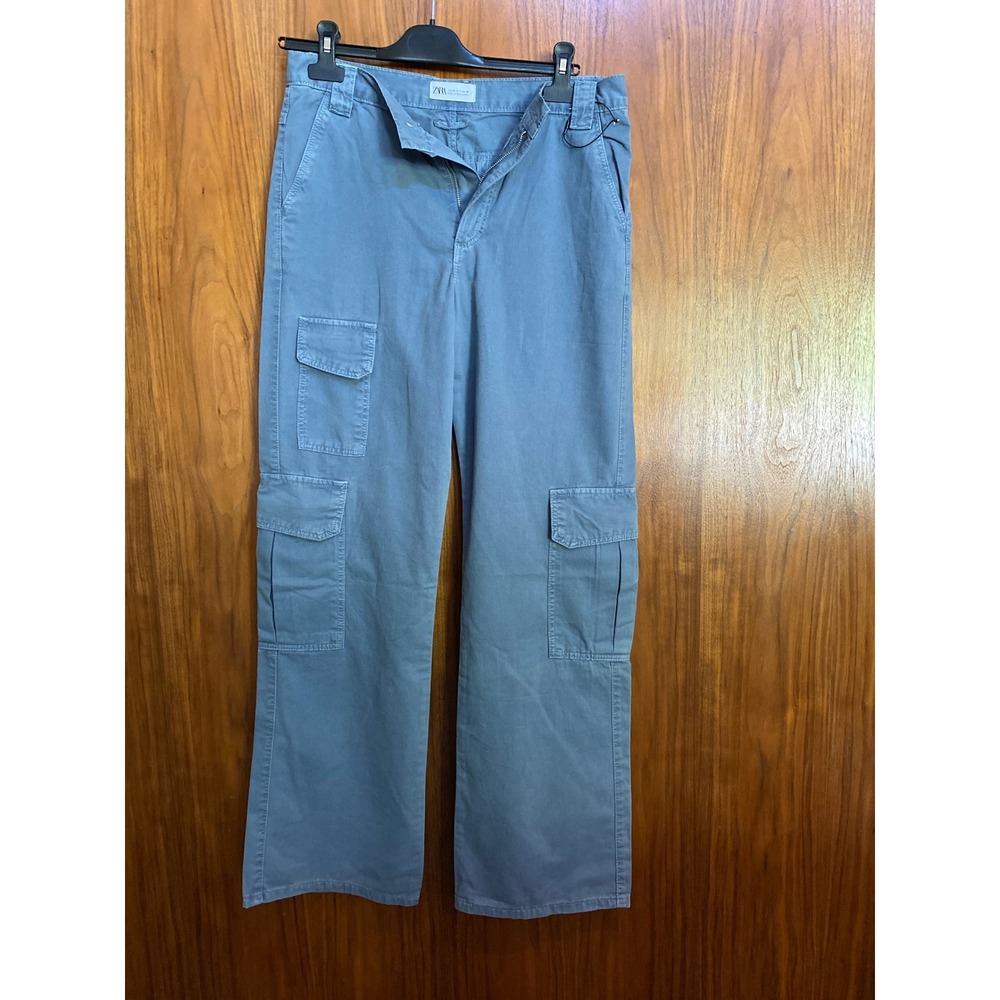 Zara Women Blue Straight Leg Utility Cargo Pants Size 4 Mid Rise Cotton Twill